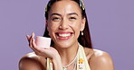 Face cream, happy and woman in studio with mockup space for product placement for advertising. Smile, container and portrait of female person with facial moisturizer for glow by purple background.
