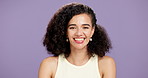 Skincare, happy and face of woman in studio with natural, cosmetic and facial treatment for glow. Smile, beauty and portrait of female person from Brazil with dermatology by purple background.