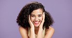 Skincare, smile and face of woman in studio with natural, cosmetic and facial treatment for glow. Happy, beauty and portrait of female person from Brazil with dermatology by purple background.