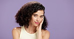 Face, skincare and woman in studio for glow, beauty and dermatology on purple background space. Portrait, cosmetics and model with makeup, confidence and touch clear skin for aesthetic cosmetology