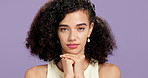 Face, skincare and woman in studio for dermatology, self care and beauty on purple background. Portrait, cosmetics and model with makeup, confidence and curly hair style for aesthetic cosmetology