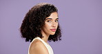 Skincare, serious and face of woman in studio with natural, cosmetic and facial treatment for glow. Health, beauty and portrait of female person from Brazil with dermatology by purple background.