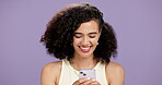 Happy, woman or texting in studio with phone, messaging or notifications on social media app. Online, person or student on purple background with mobile, smile connection or technology for trends.