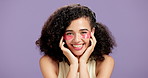 Face, eye patch and woman with skin glow, smile and hydration on purple background. Dermatology, collagen and cosmetics portrait of female model for facial shine, wellness or self care in studio