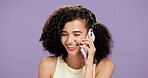 Happy, woman or phone call in studio with gossip, conversation or talking for social update. Online, person or student on purple background with mobile, smile connection or technology for discussion.