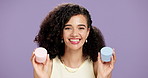Woman, face cream and choice for skincare, cosmetics or moisturizer with smile on purple background. Female person, model and beauty lotion for facial treatment, hydration or promo with mockup space
