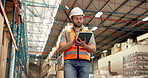 Supervisor, man and walking in warehouse with tablet for supply chain, inspection or quality control. Tech, manager or person with journey in wholesale center for shipping, distribution or logistics.