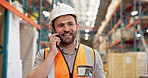 Happy, phone call and logistics employee in warehouse with PPE, conversation and communication. Talking, technology and male supply chain worker on mobile discussion with cellphone in storehouse.