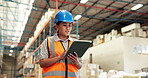 Woman, tablet and inspection in warehouse for logistics, inventory management and online supply chain log. Industrial engineer, tech and digital checklist for quality assurance or factory check 