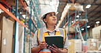 Woman, tablet and inspection at plant for logistics, inventory management and online supply chain log. Industrial engineer, typing and tech for digital checklist for quality assurance at warehouse
