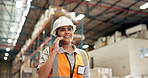 Phone call, happy woman and logistics worker in warehouse, talking or supply chain update. Technology, shipping and engineer in conversation for distribution, stock feedback and walk to cargo storage