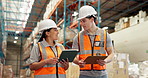 People, logistics team with tablet and clipboard for inspection in warehouse and inventory management. Industrial engineer, partner and tech for distribution list, quality assurance or discussion