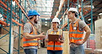 Clipboard, team and people in warehouse talking for collaboration, supply chain and delivery. Shipping, distribution and men and women meeting with clipboard for logistics, inspection and inventory