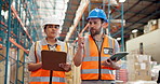 People, tablet and clipboard for inspection at warehouse, discussion for inventory management or shipping log. Talk, tech and checklist for quality control, distribution and engineering team at plant