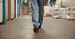 Logistics, check and legs in storage warehouse for inspection, shipping or distribution of stock. Supply chain, quality control or man walk in factory for cargo export, back or inventory to transport
