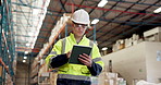 Tablet, man and logistics worker in warehouse with research for inventory management for distribution. Digital technology, thinking and male supply chain employee with online order for shipping.