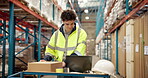 Laptop, shipping and scan with man in warehouse for delivery information, logistics and cargo. Supply chain industry, digital inventory and ecommerce inspection with person in factory for storage