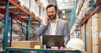 Business man, phone call and worker in warehouse with laptop, conversation and documents for logistics. Person, engineer and professional in industry with mobile, tech and discussion for management.