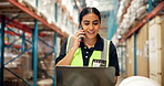 Construction, phone call and worker in warehouse with laptop, conversation and communication for logistics. Woman, engineer and professional in industry with mobile, tech or discussion for management