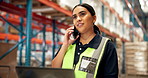 Woman, phone call and worker in warehouse with laptop, conversation and communication for logistics. Construction, engineer and professional in industry with mobile, tech or discussion for management