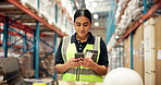 Manufacturing, smile and woman with phone, warehouse or connection for schedule review. Supply chain, tech and employee in factory with smartphone, digital app or email for export or social media