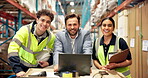 Face, laptop and shipping with people in warehouse for inventory manager, support or logistics. Delivery schedule, teamwork and supply chain with employees in factory for online confirmation