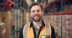 Face, happy man and logistics worker in warehouse for supply chain, distribution or procurement. Portrait, smile and shipping technician with confidence, freight and professional in storage industry