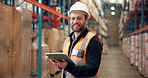 Face, happy man and logistics worker with tablet in warehouse for storage, stock or inventory check. Portrait, smile and shipping technician with technology for freight with professional in industry