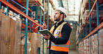 Supply chain, tablet and man in warehouse, inspection and digital app to check inventory. Distribution, person and employee with technology, counting and safety with connection, stock and logistics