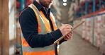 Hands, logistics worker and writing on clipboard in warehouse for inspection, checklist or shipping. Supply chain manager, man or notes for inventory management, quality control or cargo distribution