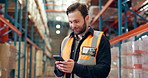 Phone, man and logistics worker in warehouse with networking, communication or email on mobile app. Technology, online and supply chain employee with contact for order confirmation with cellphone.