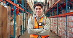 Face, happy man and logistics worker with arms crossed for supply chain, distribution or procurement. Portrait, smile and shipping technician with confidence, professional and pride in warehouse