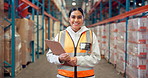 Clipboard, woman and face of logistics worker in warehouse for inventory, stock inspection or order. Happy, research and portrait of female supply chain manager with confidence for distribution.