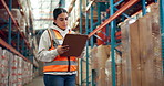 Clipboard, woman and logistics worker in warehouse for inventory management, shipping or storage. Research, cardboard boxes and female supply chain employee with order for distribution in factory.