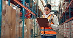 Clipboard, woman and logistics employee in warehouse for inventory management, shipping or storage. Research, cardboard boxes and female supply chain worker with order for distribution in factory.