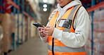 Cellphone, woman and logistics worker in warehouse with networking, communication or email on mobile app. Technology, online and supply chain employee with contact for order confirmation with phone.