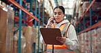 Woman, phone call and clipboard at warehouse for logistics, storage and talk for inventory management. Person, smartphone and checklist for supply chain, distribution and contact with stock at plant