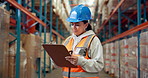 Clipboard, woman and supply chain worker in warehouse for inventory management, shipping or storage. Research, cardboard boxes and female logistics employee with order for distribution in factory.