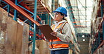Clipboard, woman and supply chain employee in warehouse for inventory management, shipping or storage. Research, cardboard boxes and female logistics worker with order for distribution in factory.
