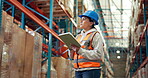 Tablet, shipping and search with woman in warehouse for inventory manager, logistics or export report. Digital checklist, supply chain and cargo inspection with employee in factory for delivery