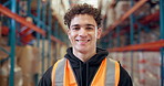 Happy, man and face of logistics worker in warehouse for inventory, stock inspection or order. Smile, pride and portrait of male supply chain manager with confidence for distribution service.