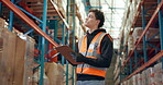 Logistics, man and writing on clipboard in warehouse for stock inspection, counting cargo or shipping. Supply chain, inspector and checklist for inventory management, quality assurance and low angle