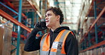 Phone call, man and logistics worker in warehouse with communication, networking or contact. Cellphone, industry and male supply chain manager on mobile discussion for distribution quality assurance.