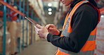 Tablet, man and hands of logistics worker in warehouse for networking, email or contact for online order. Digital technology, typing and supply chain manager with communication on distribution.