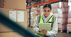 Tablet, shipping and box with woman in warehouse for inventory manager, logistics or label update. Digital checklist, supply chain or cargo inspection with employee in factory for freight information