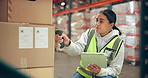 Woman, tablet and barcode scanner at warehouse for logistics, stock and label with inventory management. Person, tech and checklist with boxes, application and storage by shelf at distribution plant