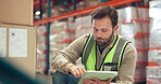 Tablet, cargo and box with man in warehouse for inventory manager, shipping or label update. Digital checklist, supply chain or logistics inspection with employee in factory for freight information