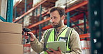 Man, tablet and barcode scanner at warehouse for stock, supply chain and label with inventory management. Person, tech and checklist with boxes, application and storage by shelf at distribution plant
