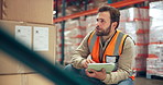 Inspection, thinking and man in warehouse with tablet, coordination and distribution. Logistics, manager and checklist in storage facility with technology, online order or shipping in supply chain
