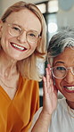 Glasses, optometry and old women with smile, face and help with wellness, consultation and retail. Happy professional optometrist and client with mature people, eyewear and excited with clear vision